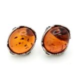 Vintage Sterling Silver Ornate Mounted Amber Cabochon Stud Earrings. 1.3cm Oval Cut Amber Cabochons,