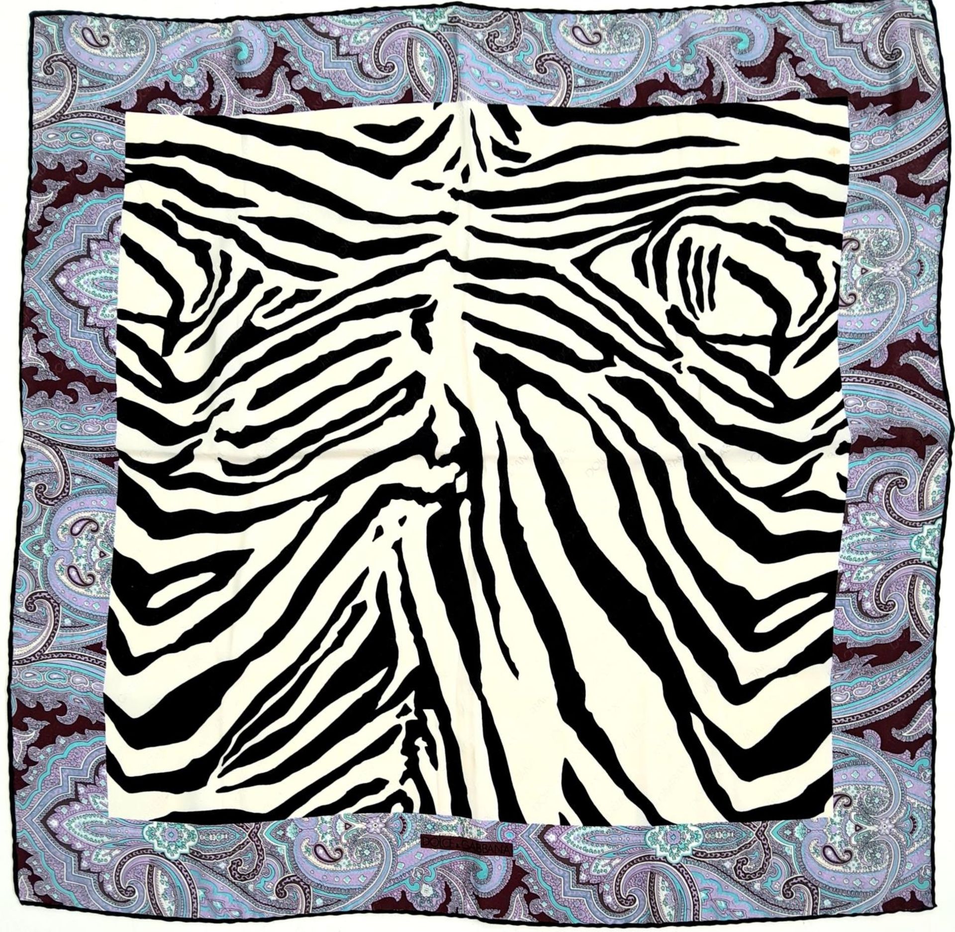 A D&G Zebra and Paisley Print Scarf. Approximately 66cm x 66cm. One small stain but good condition - Image 2 of 6