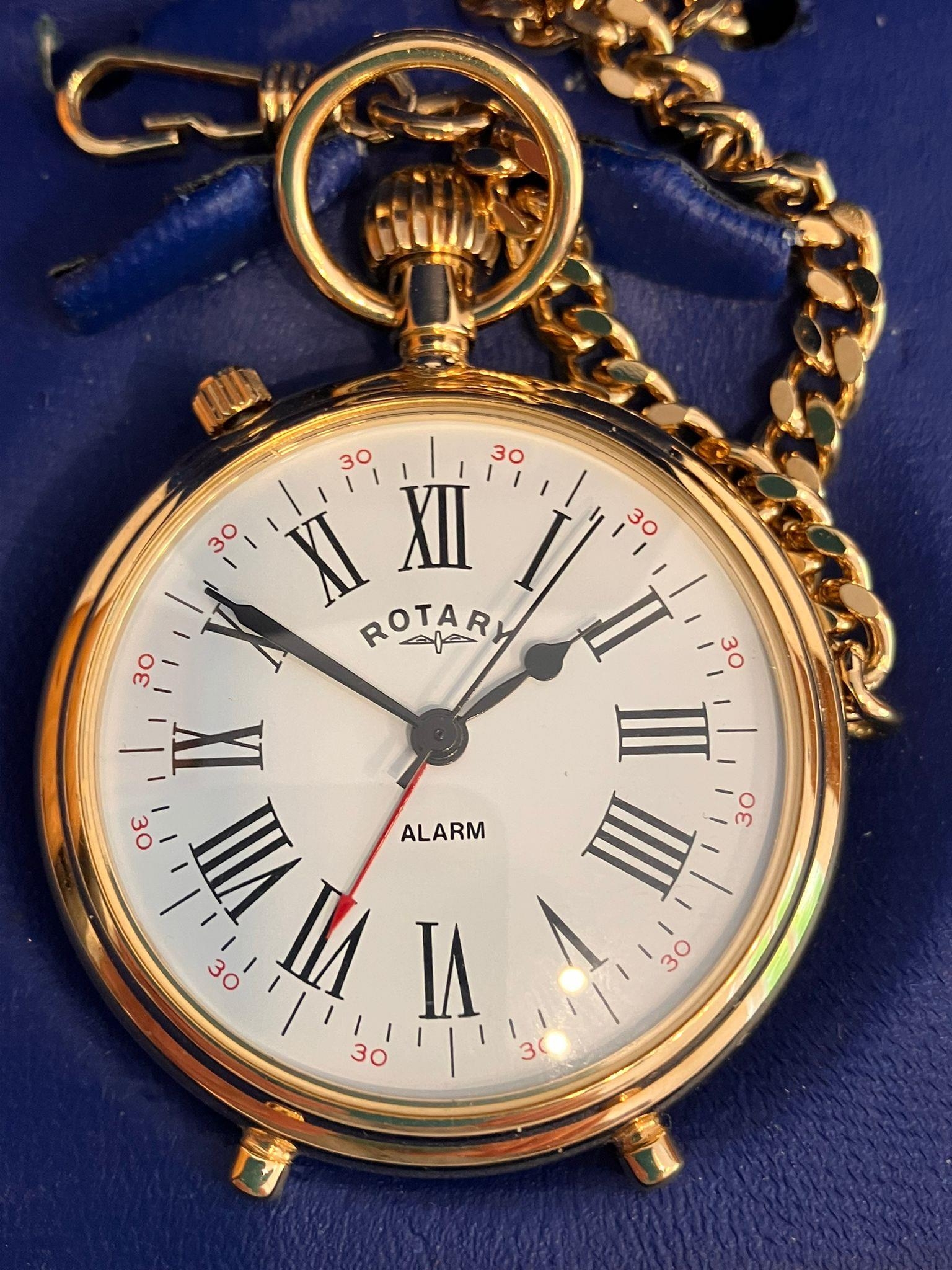 ROTARY POCKET WATCH with ALARM. Finished in Gold Tone with matching Chain. Complete with original - Image 2 of 4
