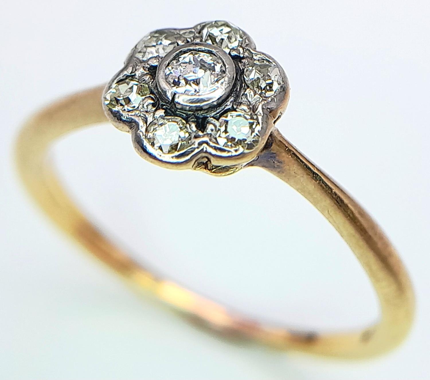 An Antique 18K Yellow Gold Old Cut Diamond Cluster Ring. Size N, 2.05g total weight. - Image 3 of 5