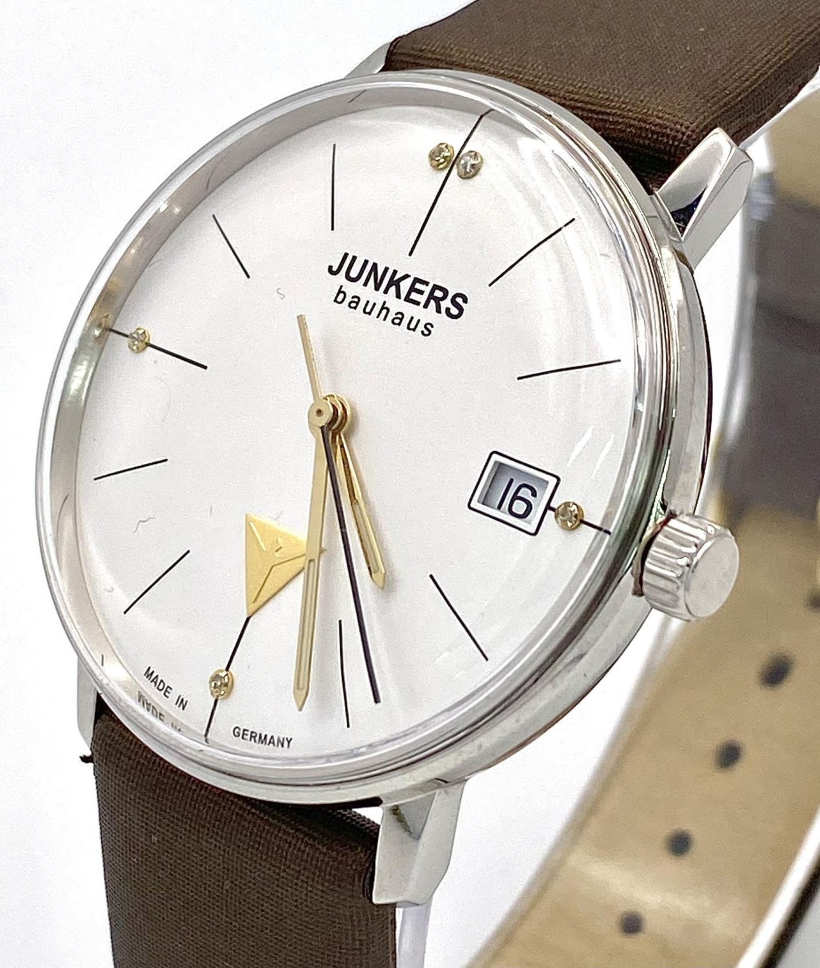 A Junkers Stylish Bauhaus Gents Quartz Watch. Brown leather strap. Stainless steel case - 35mm. - Image 3 of 8