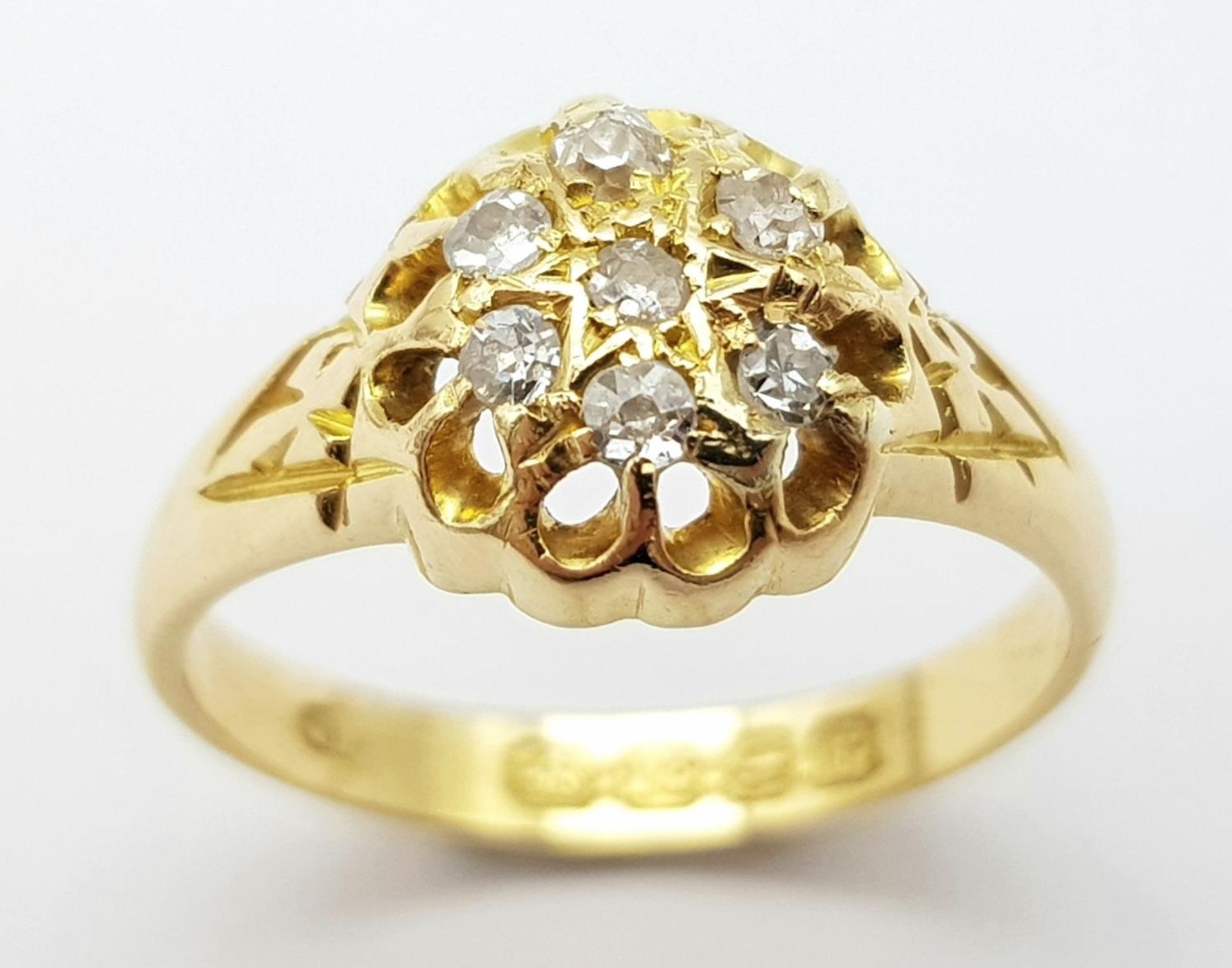 AN ANTIQUE 18K YELLOW GOLD DIAMOND OLD CUT RING. Hallmarked Birmingham, 1916. 0.20ctw, size J, 2. - Image 2 of 5