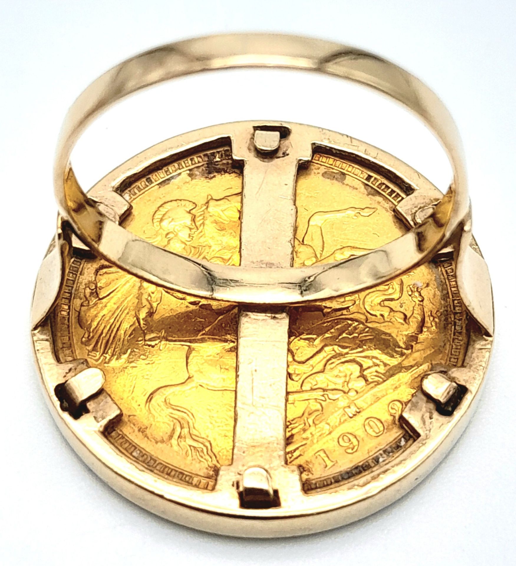 A 9 K yellow gold ring with a full 1902 sovereign which is not welded to the ring and can easily - Image 7 of 7