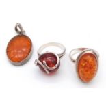 Two Amber Rings and One Pendant. R and T. 4cm pendant.