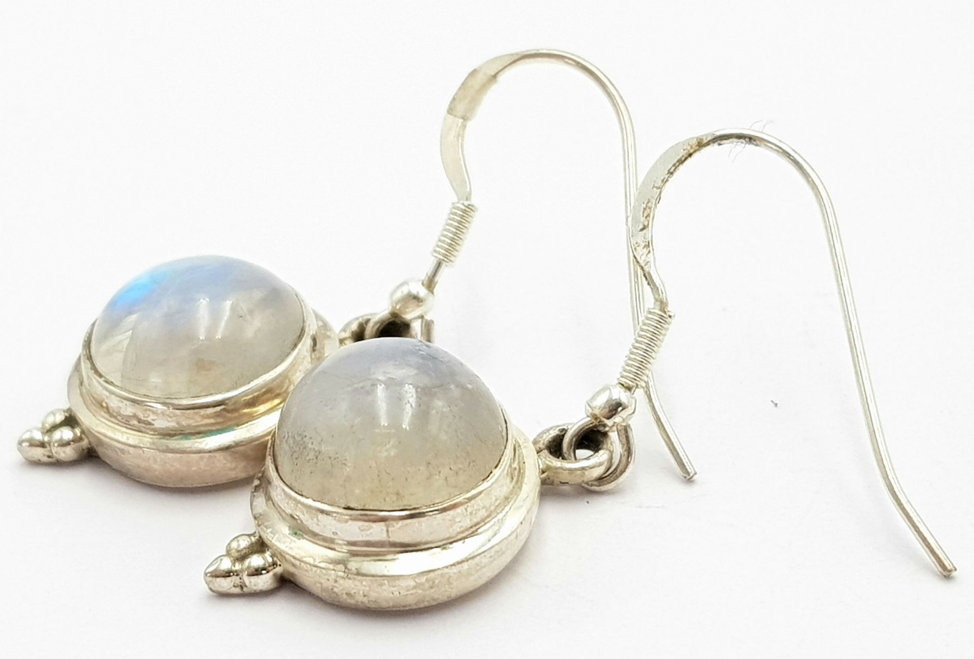 A Pair of Sterling Silver, 1cm Round Cut Cabochon Moonstone Earrings. 3.5cm Drop. - Image 4 of 5