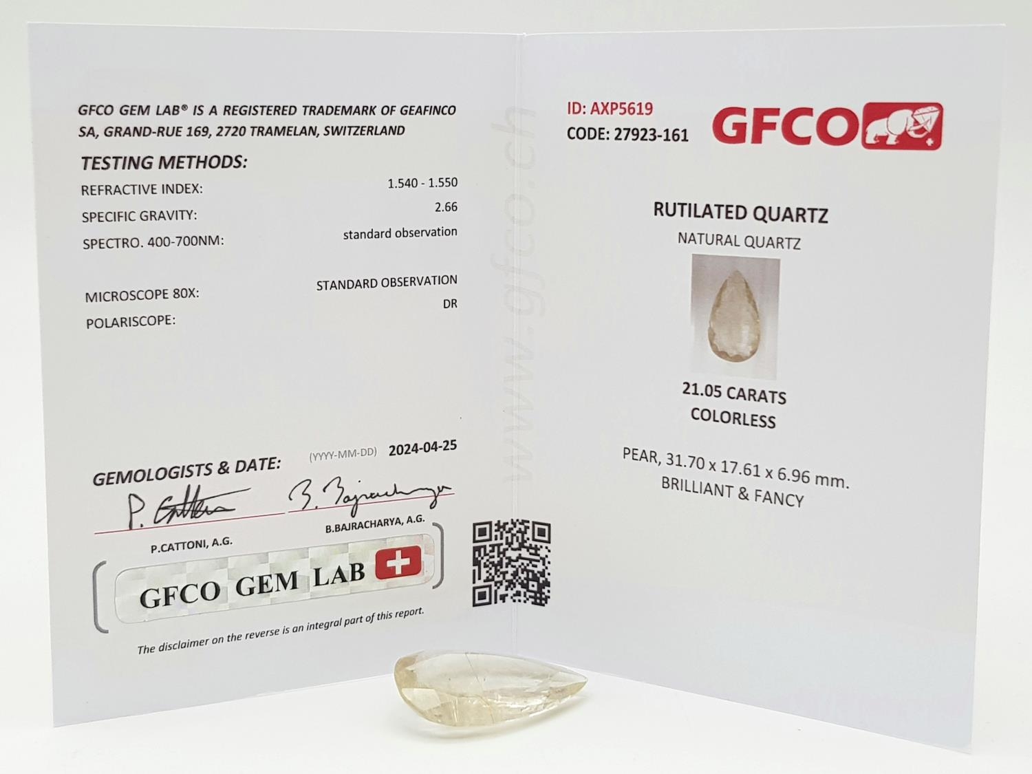 A 21.05ct Rutile Quartz Gemstone - GFCO Swiss Certified. - Image 6 of 6