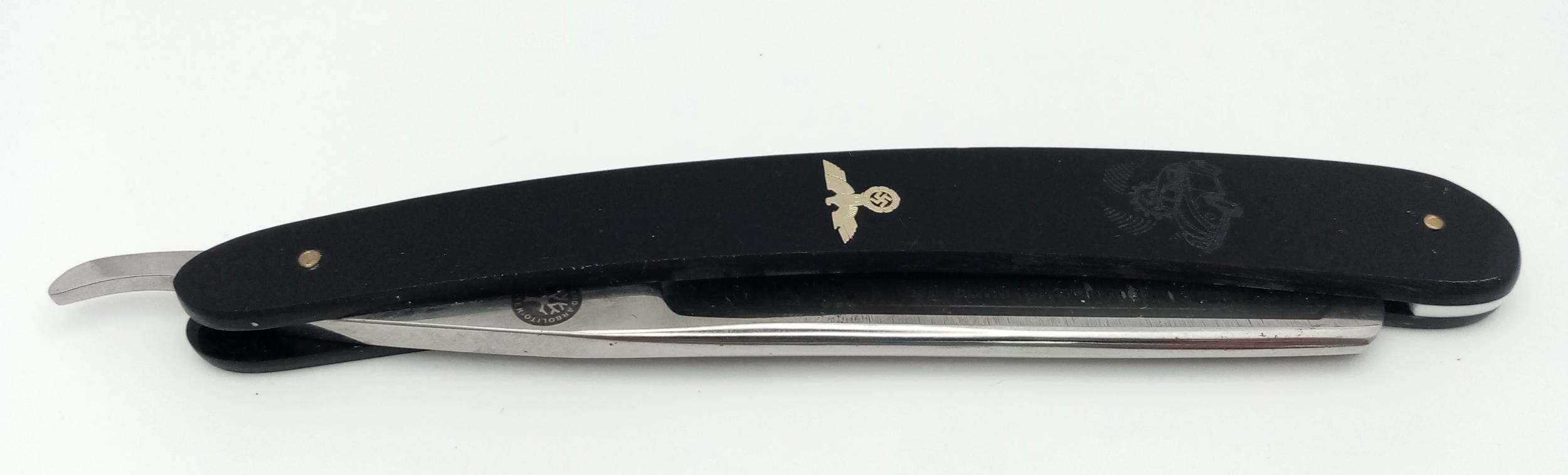 3rd Reich Patriotic Cut Throat Razor. Blade has been etched “Made from steel from the Volks Wagen - Image 6 of 6