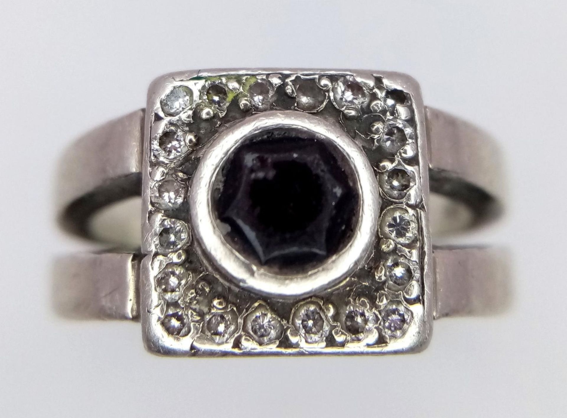 A Vintage 9K White Gold, Sapphire and Old Cut Diamond Ring. Size K. 5.3g total weight. - Image 2 of 5