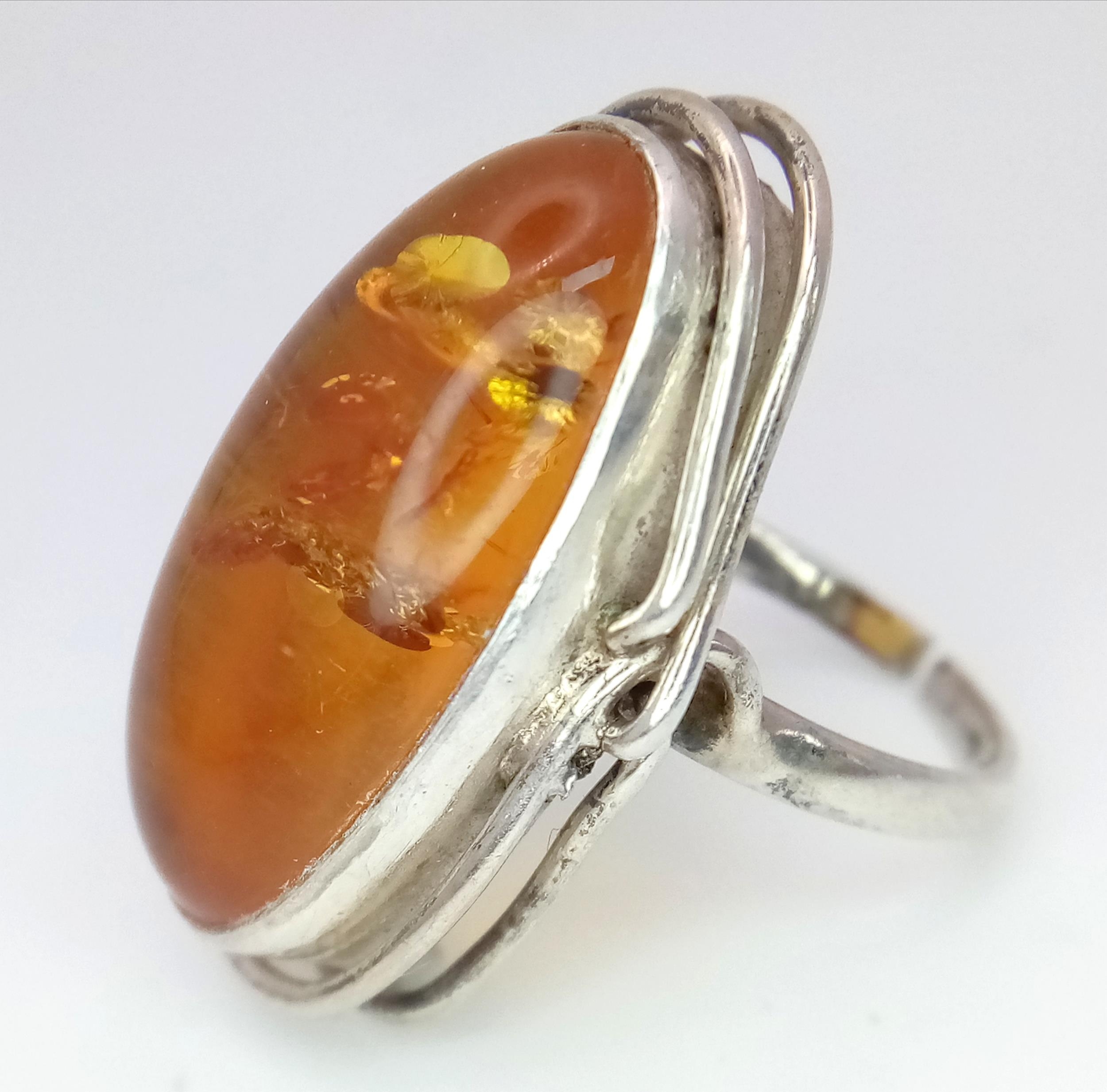 A Vintage, Ornate Mounted, Sterling Silver Amber Cabochon Open Shank Design Ring Size L ( - Image 2 of 5