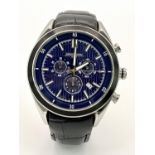 A Jorg Gray Chronograph Gents Watch. Black leather strap. Stainless steel case - 45mm. Blue dial