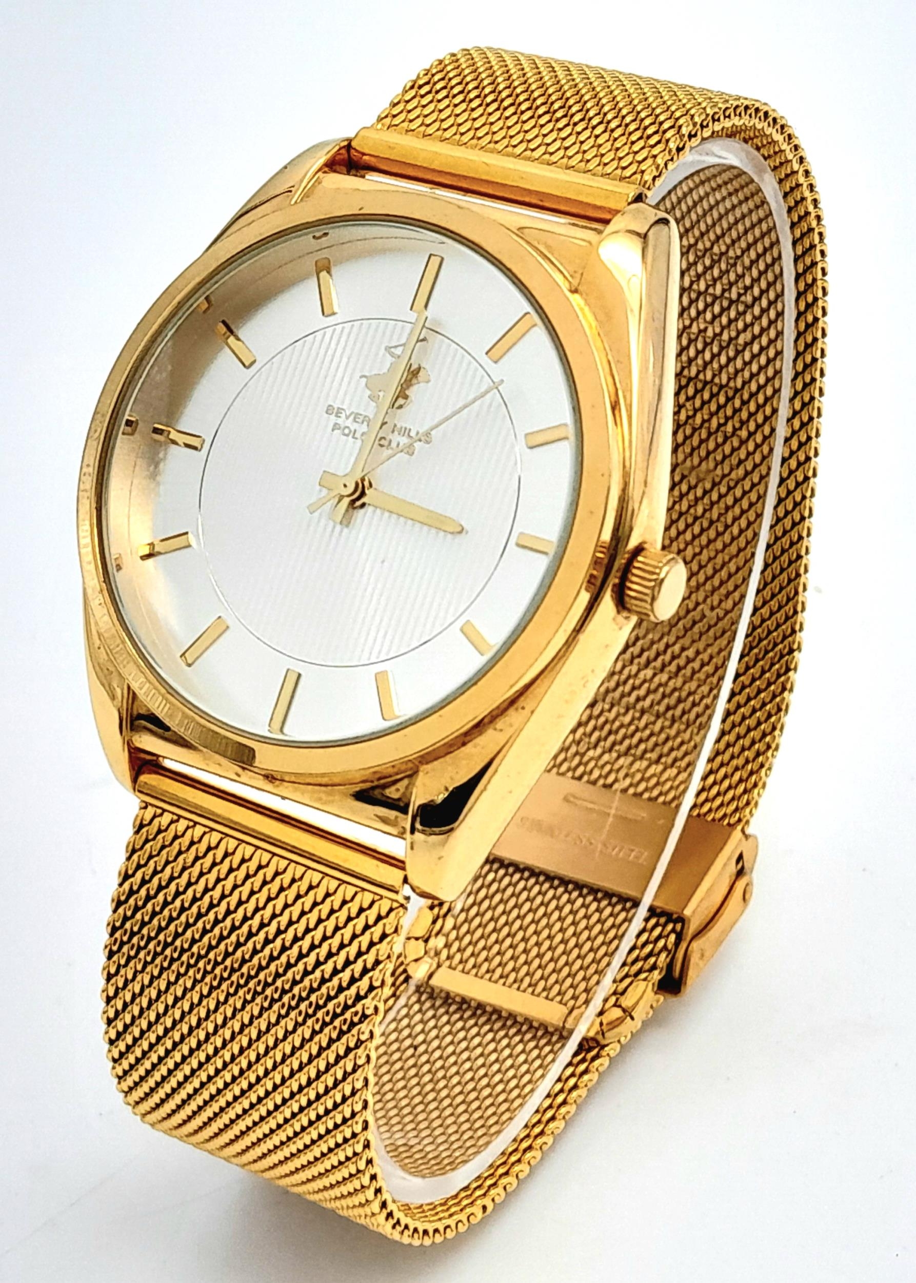 A Men’s Gold Tone Bracelet Watch by Beverly Hills Polo Club. 43mm Including Crown. New Battery