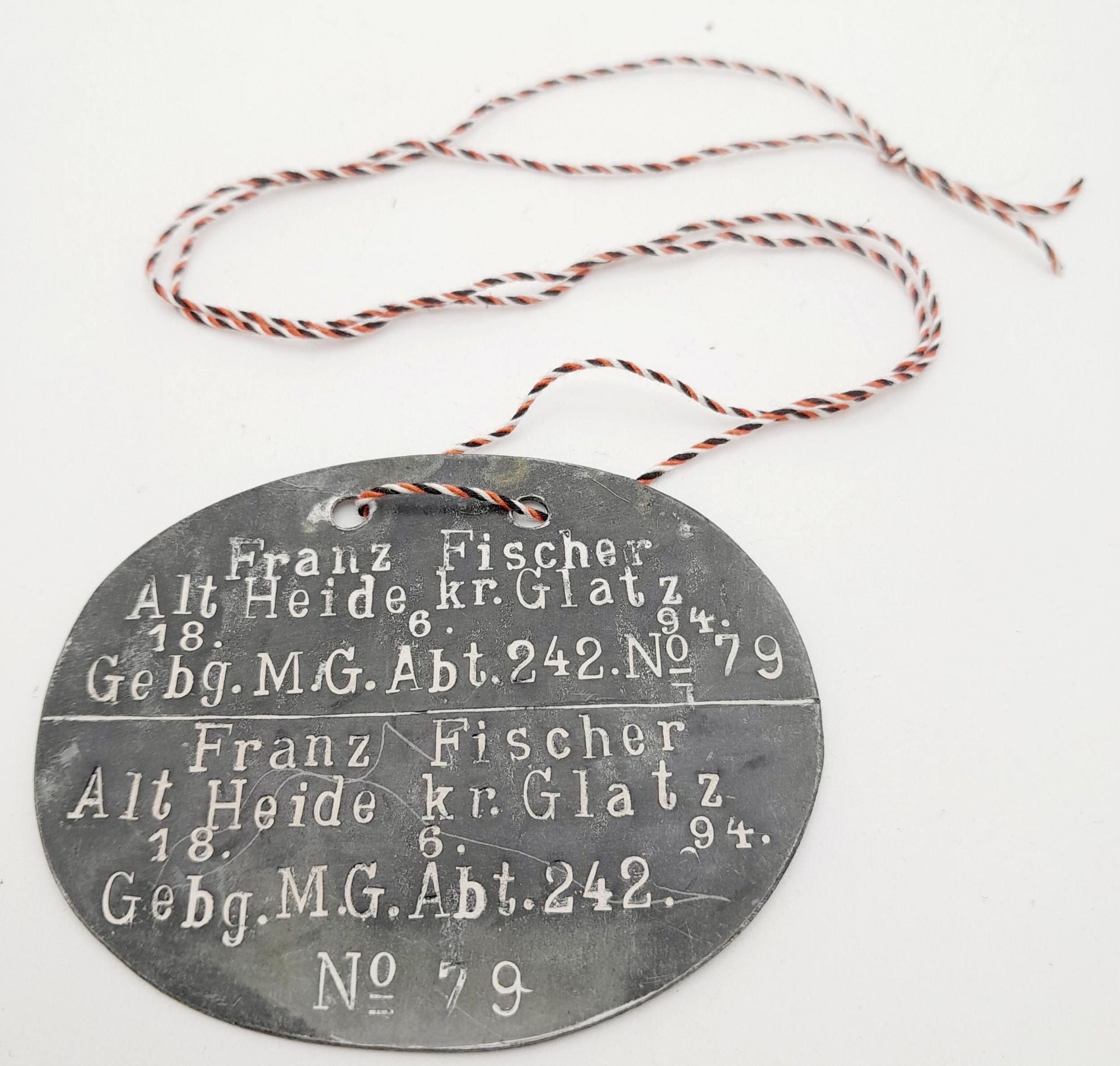 WW1 Imperial German Dog Tag to a Soldier in a Heavy Machine Gun Section.