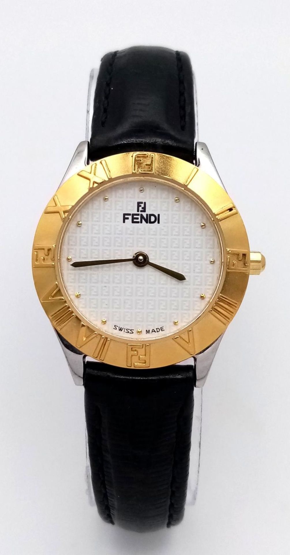 A Fendi Designer Quartz Ladies Watch. Black leather strap. Gilded circular case - 26mm. In working - Image 2 of 7