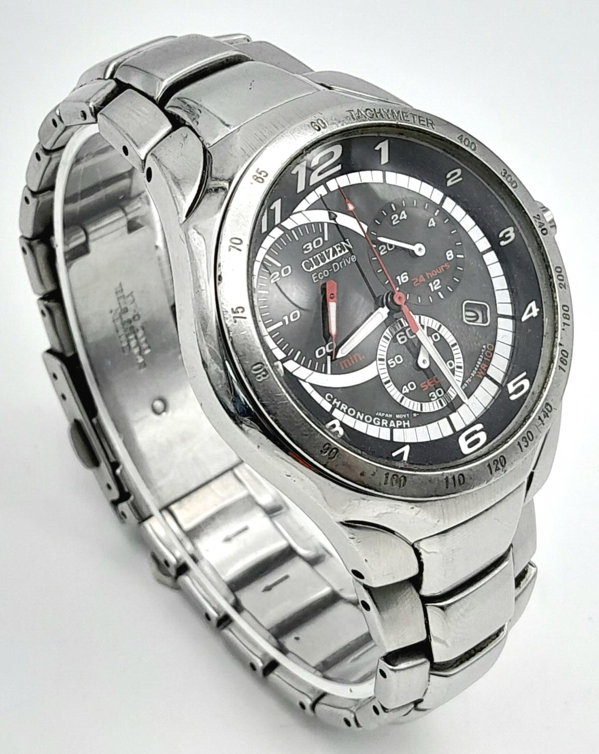 A Citizen Eco Drive Chronograph Gents Watch. Stainless steel bracelet and case - 42mm. Black dial - Image 3 of 6