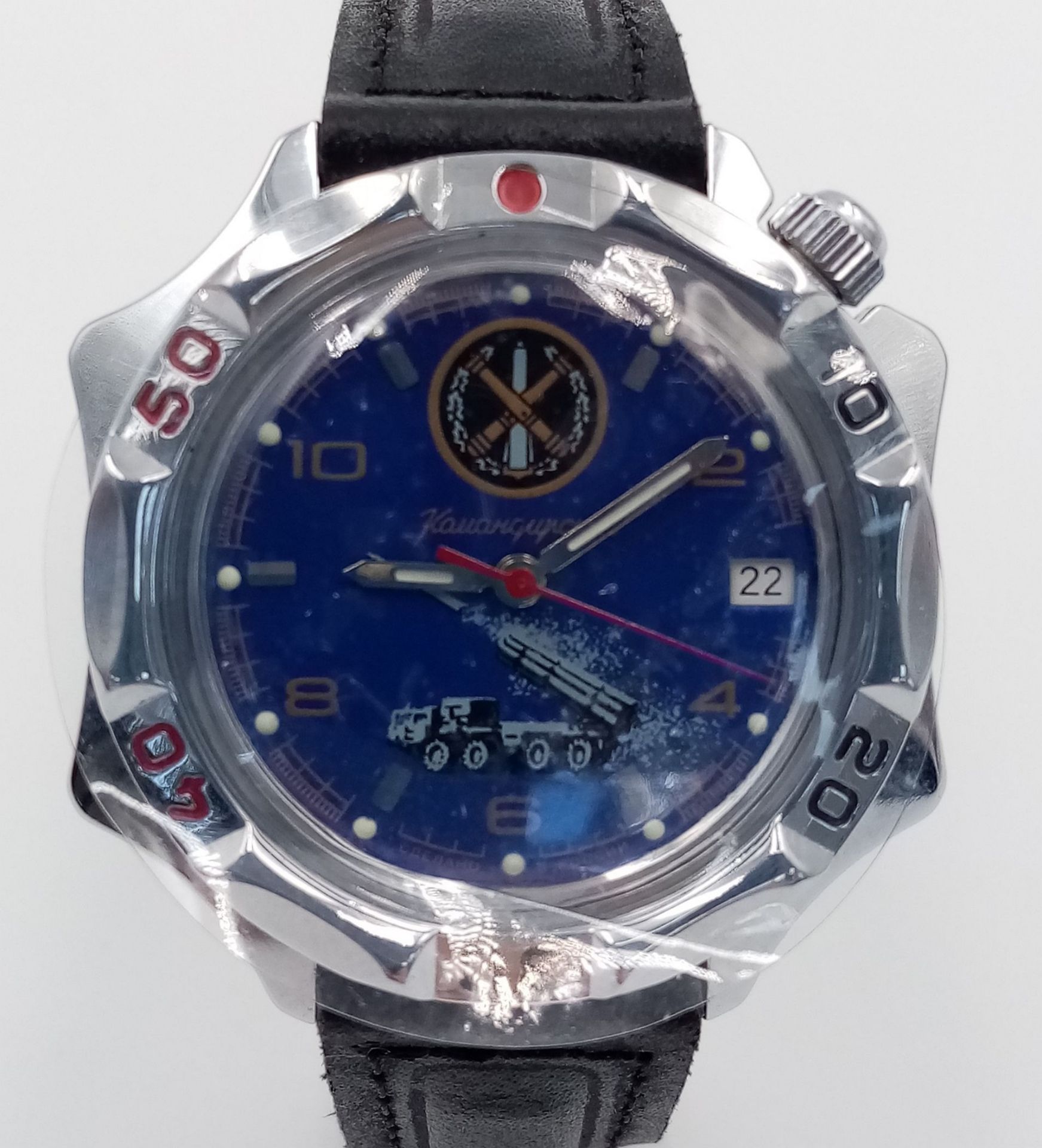 A Vostok Manual Gents Watch. Black leather strap - stainless steel case - 40mm. Blue dial with - Image 2 of 6