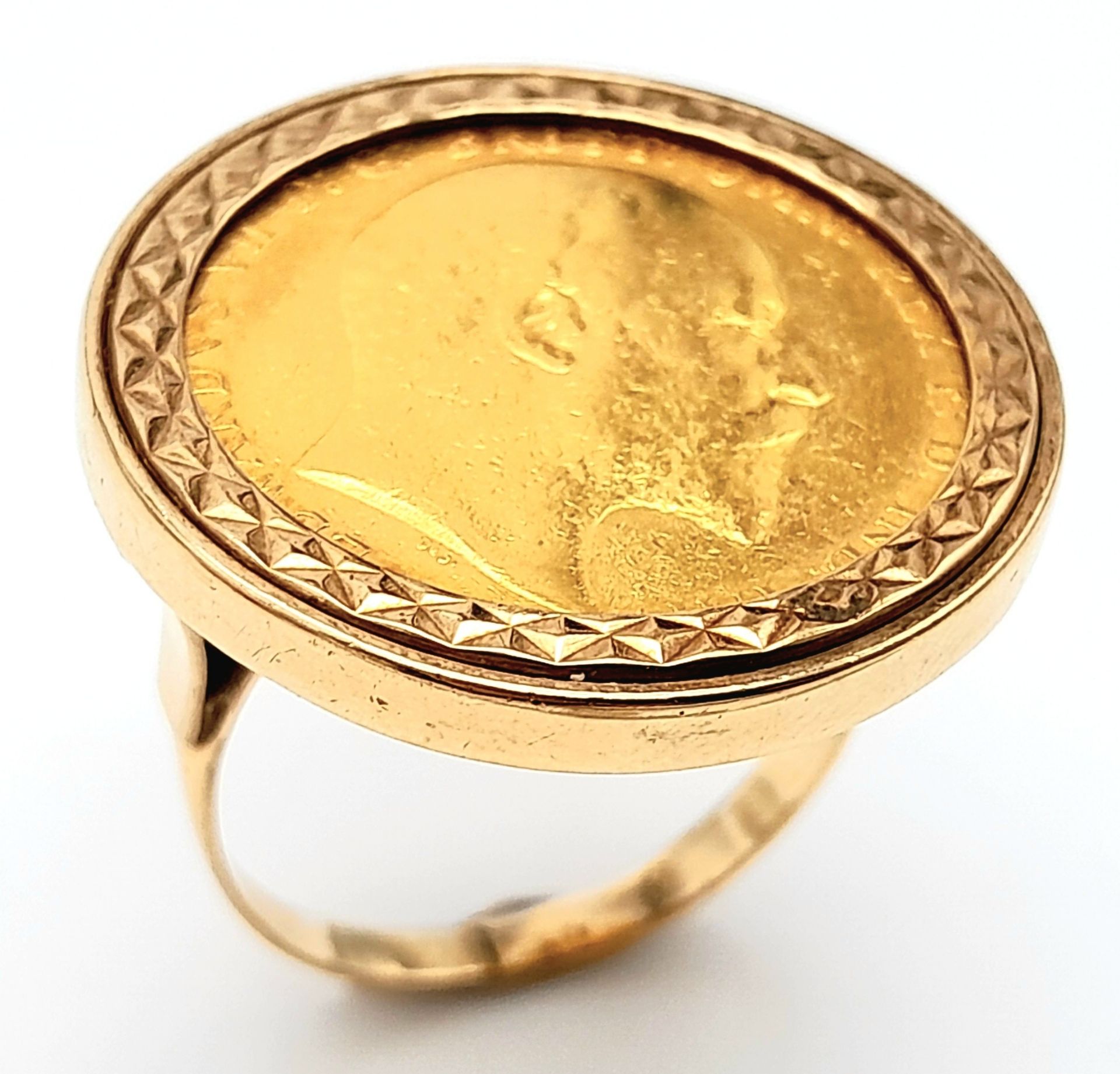 A 9 K yellow gold ring with a full 1902 sovereign which is not welded to the ring and can easily - Image 3 of 7