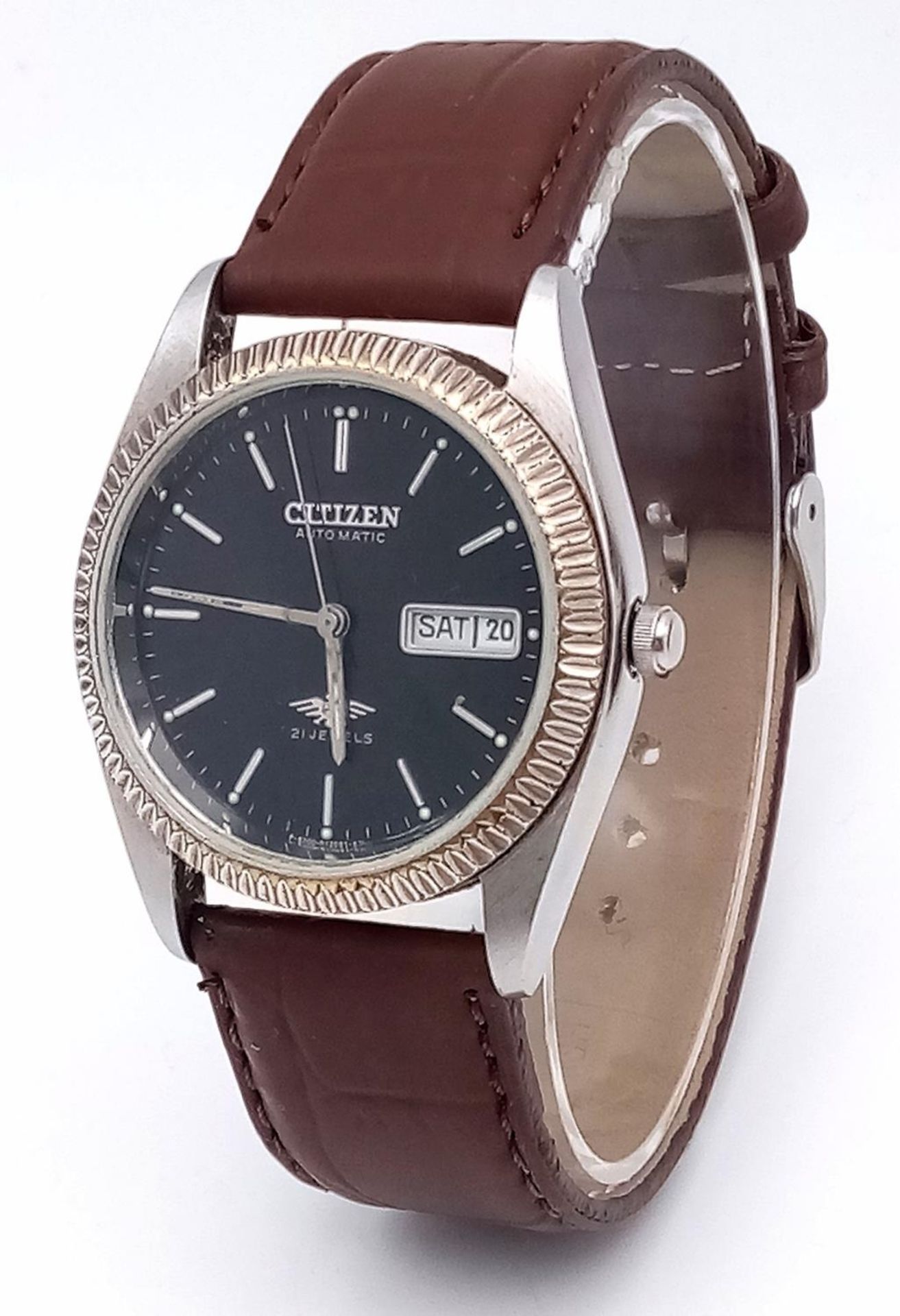 A Citizen 21 Jewel Automatic Gents Watch. Brown leather strap. Stainless steel case - 36mm. Black