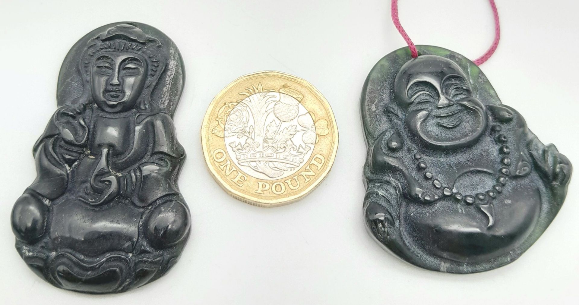 2 x Black Onyx Buddha Pendants - Buddha and Laughing Buddha. 4.5cm and 4cm length. 25g total weight. - Bild 4 aus 4