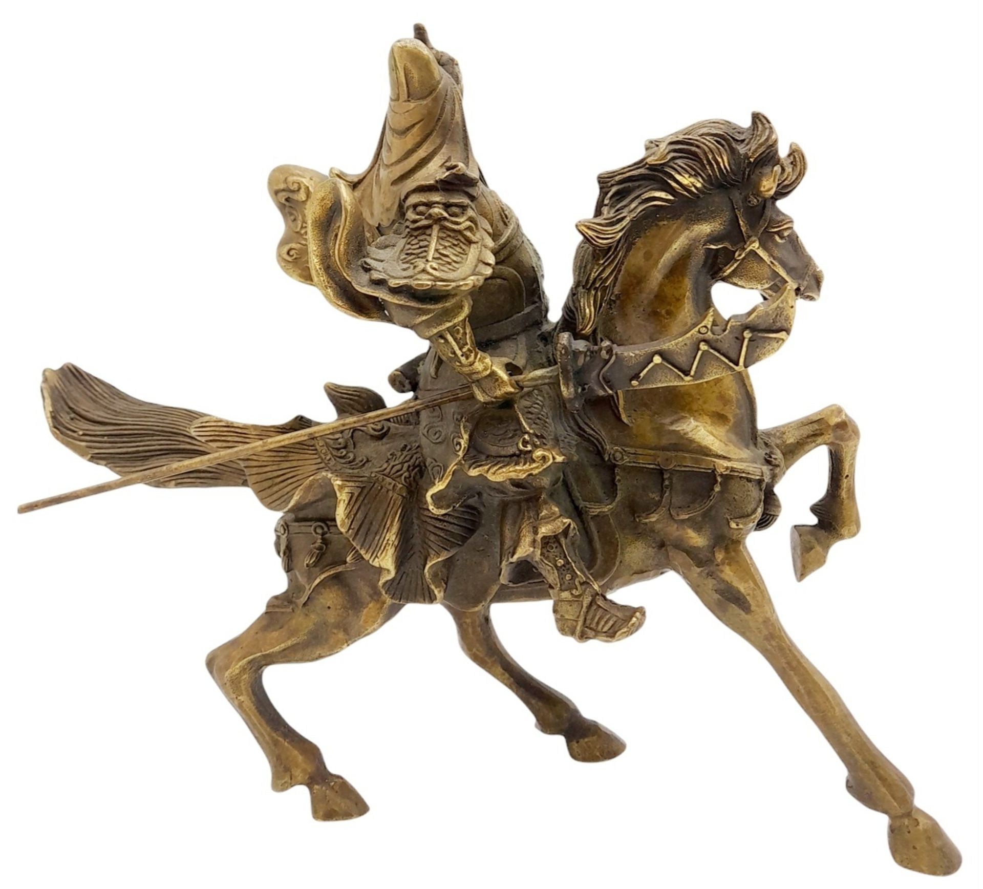 A Vintage Chinese Copper Guan Gong (God of war and wealth) on Horseback Statue. 23cm x 19cm tall. - Image 3 of 6