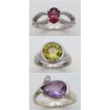 Three 925 Silver Different Style Stone Set Rings. Sizes: Q, N and P.