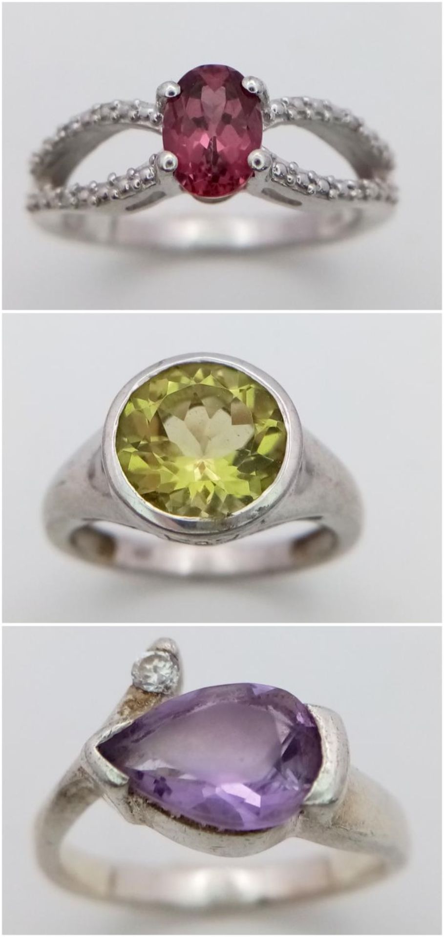 Three 925 Silver Different Style Stone Set Rings. Sizes: Q, N and P.