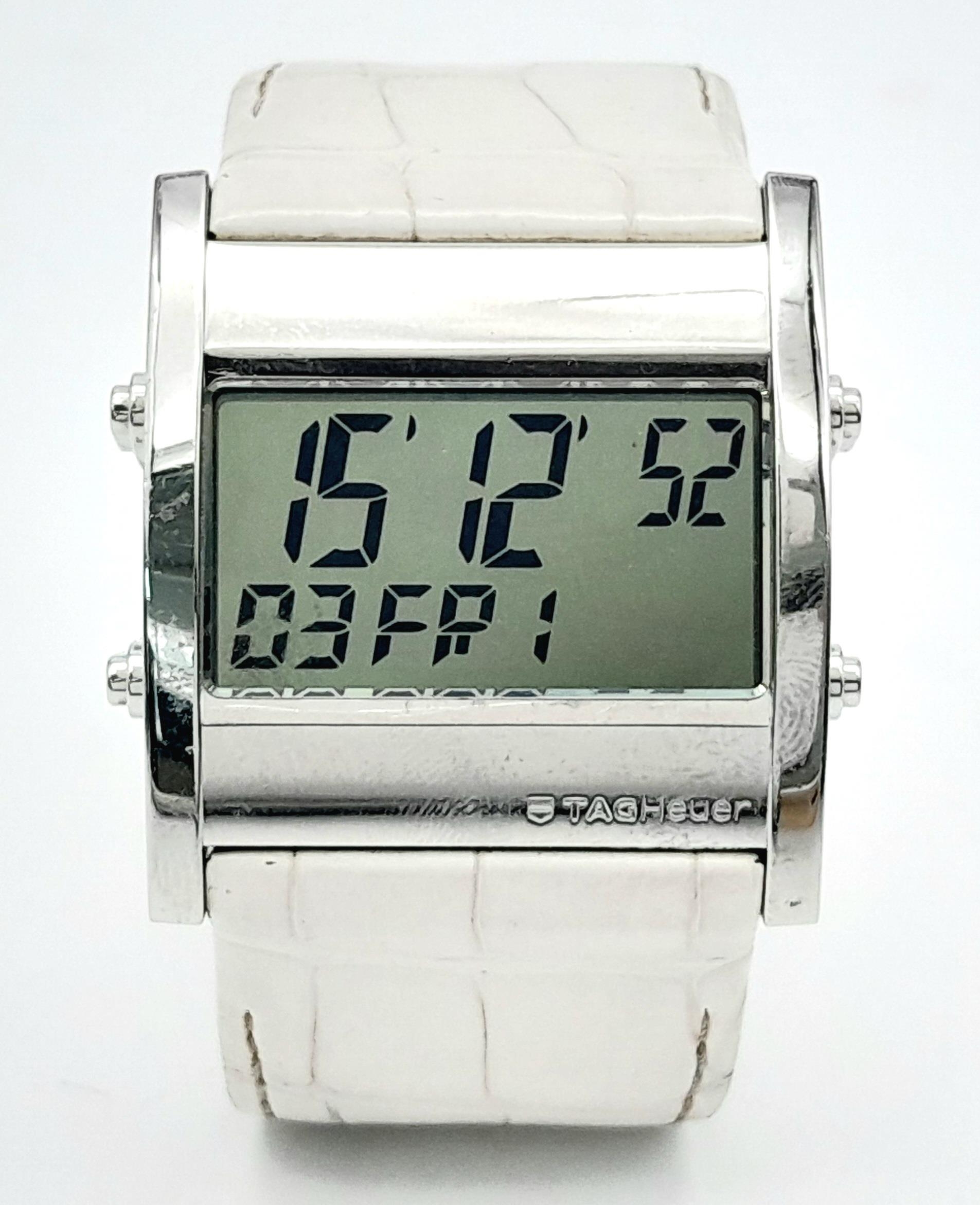 A Rare Tag Heuer Microtimer Digital Quartz Watch. White Alligator leather strap. Chrome coated - Image 4 of 9
