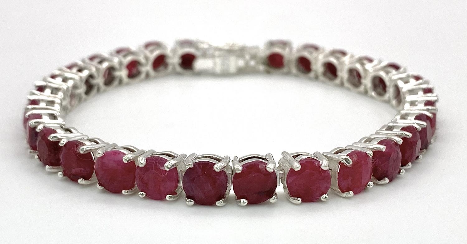 A Ruby Gemstone Tennis Bracelet. Set in 925 Silver. 18cm. Ref: CD-1313 - Image 2 of 4