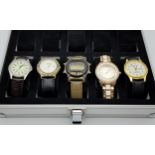 A Parcel of Five Vintage and Later Quartz Watches in Aluminium 10 Watch Travel Case; Comprising;