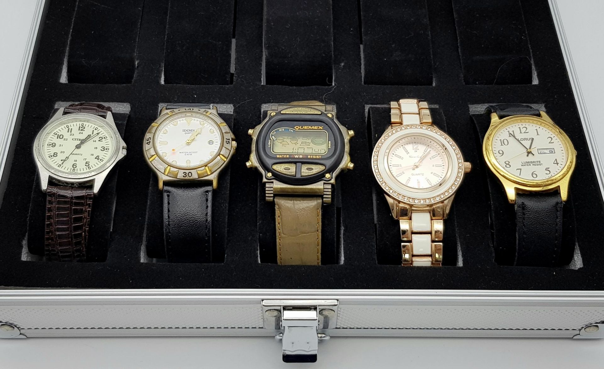 A Parcel of Five Vintage and Later Quartz Watches in Aluminium 10 Watch Travel Case; Comprising;