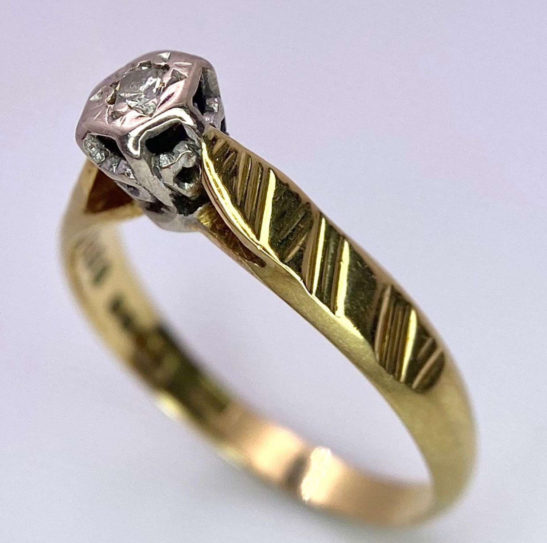 A Vintage 18K Yellow Gold Diamond Solitaire Ring. Size L. 2.41g total weight. Full UK hallmarks. - Image 3 of 5