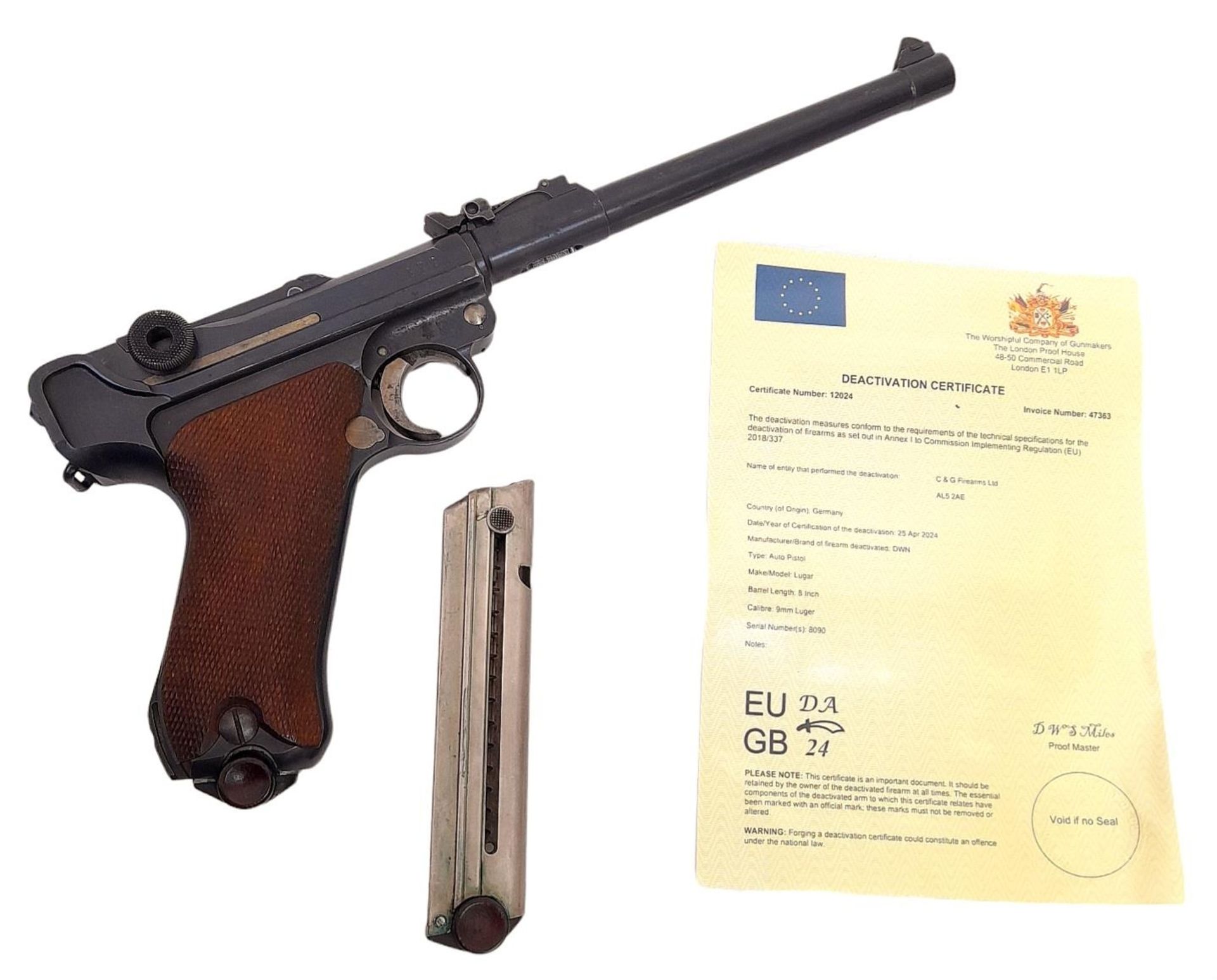 A Deactivated Antique 1917 German Luger Pistol. Matching serial numbers. This 9mm classic pistol