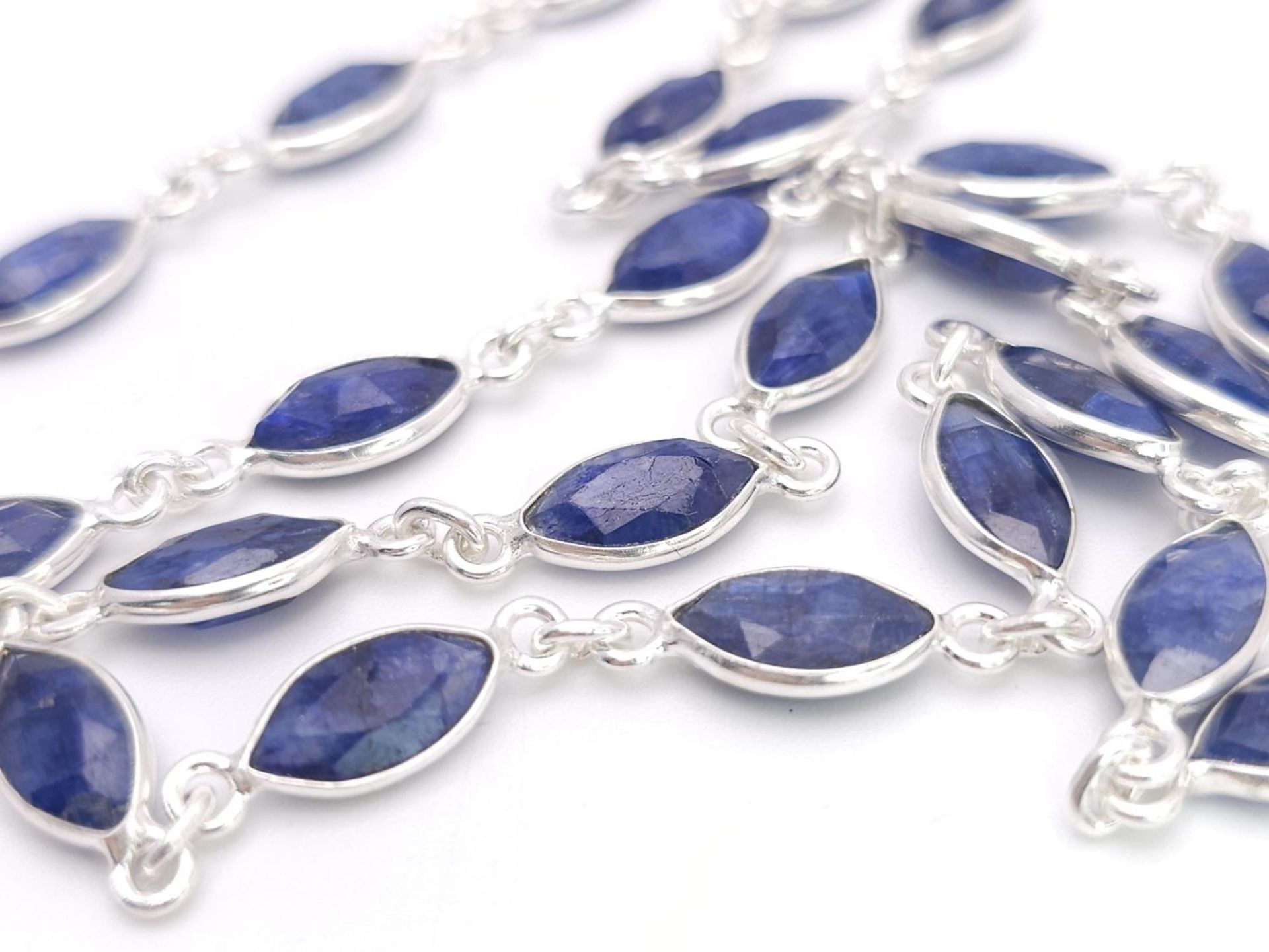 A Marquise Shape Blue Sapphire Long Chain Necklace. Set in 925 Silver. 62cm. Ref: CD-1318 - Image 3 of 5