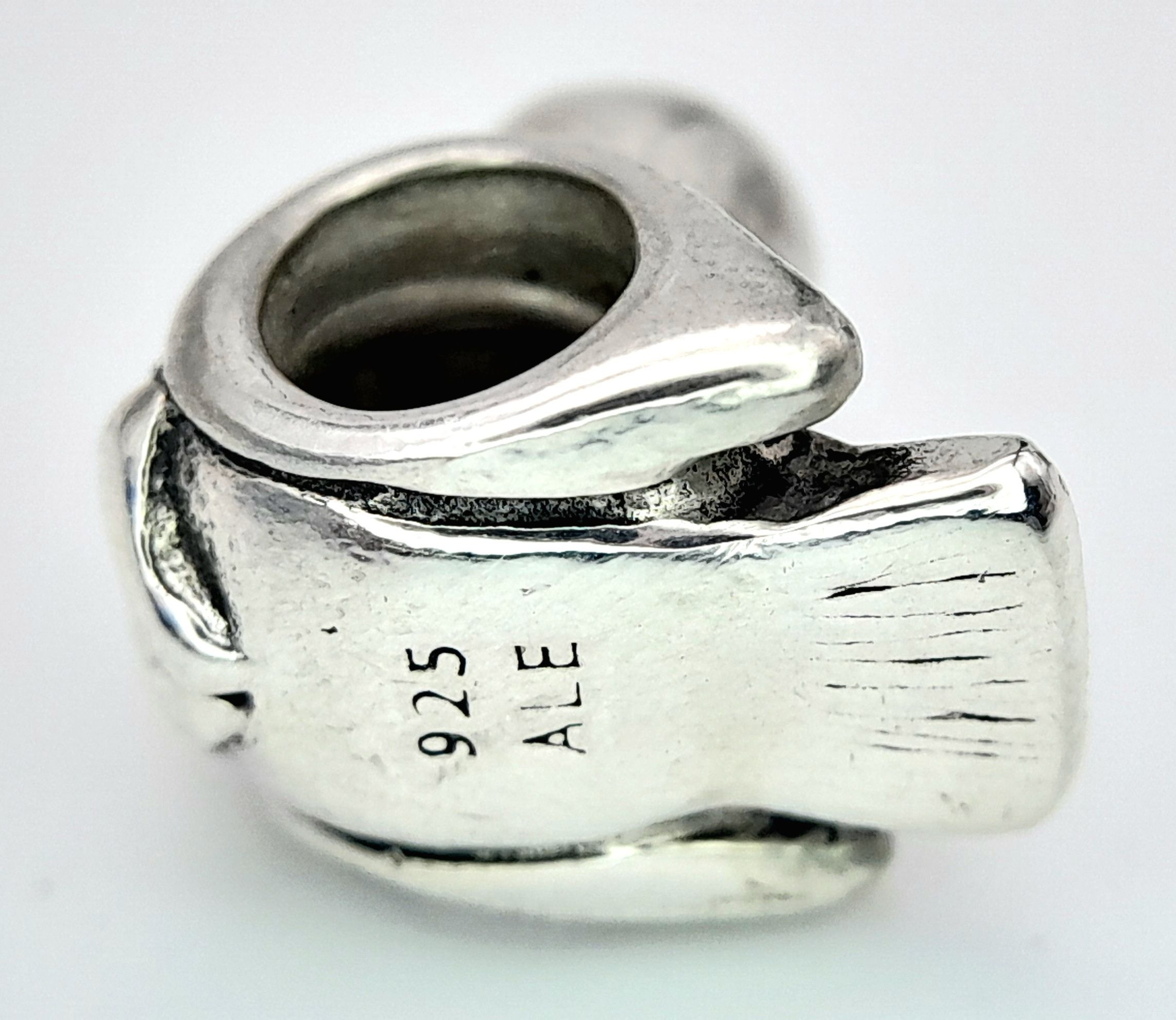 A STERLING SILVER PANDORA LOVE BIRD/DOVE CHARM. 1.3cm x 1.2cm, 4.4g weight. Ref: SC 8122 - Image 4 of 5