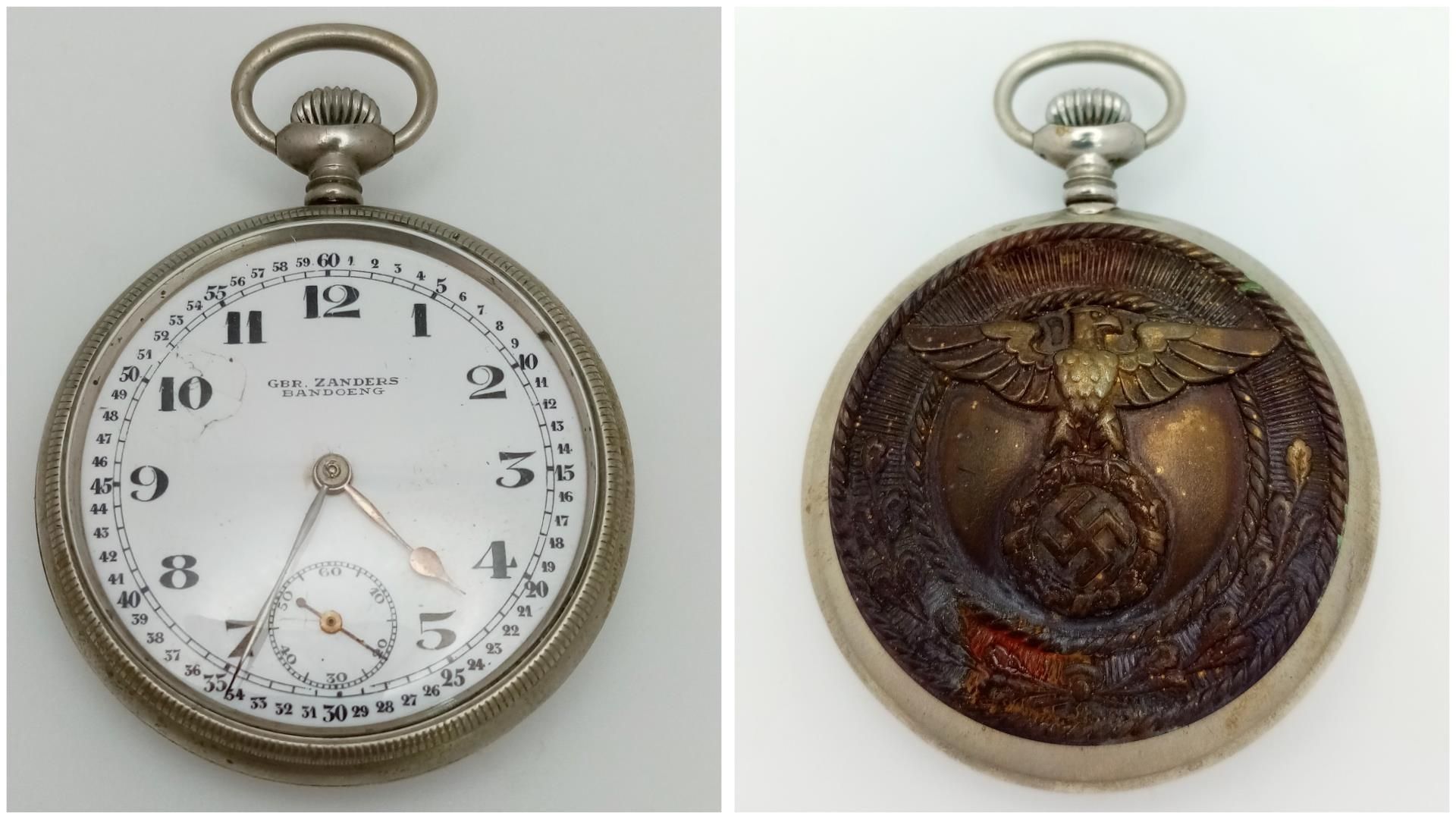 WW2 German Patriotic Pocket Watch. The Bucke Centre of an SA Buckle has been soldiered to the back