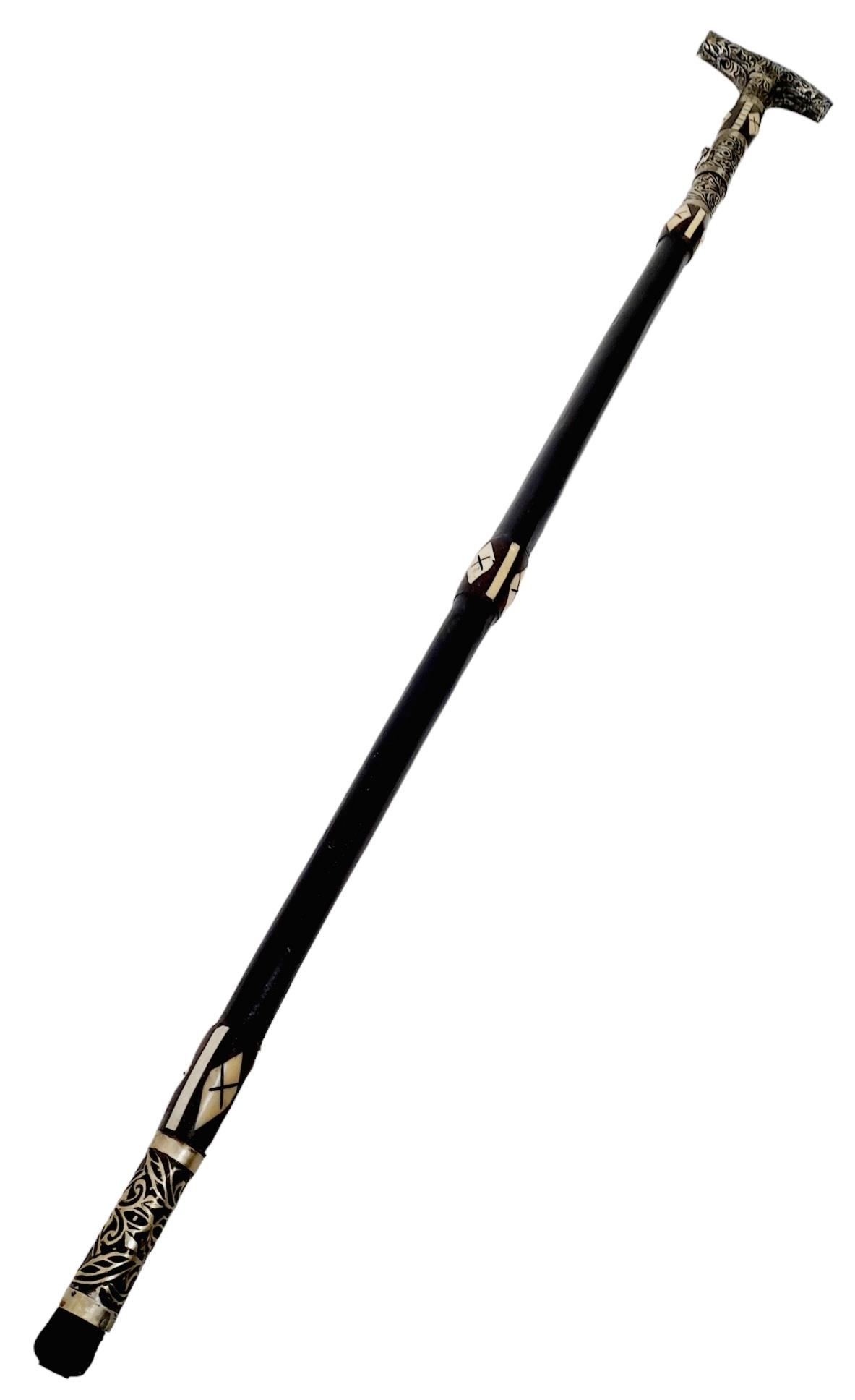 A Very Rare, Unique & Ornate Antique Bone Inlaid Wood and White Metal Sword Stick. 91cm Length. - Bild 2 aus 5