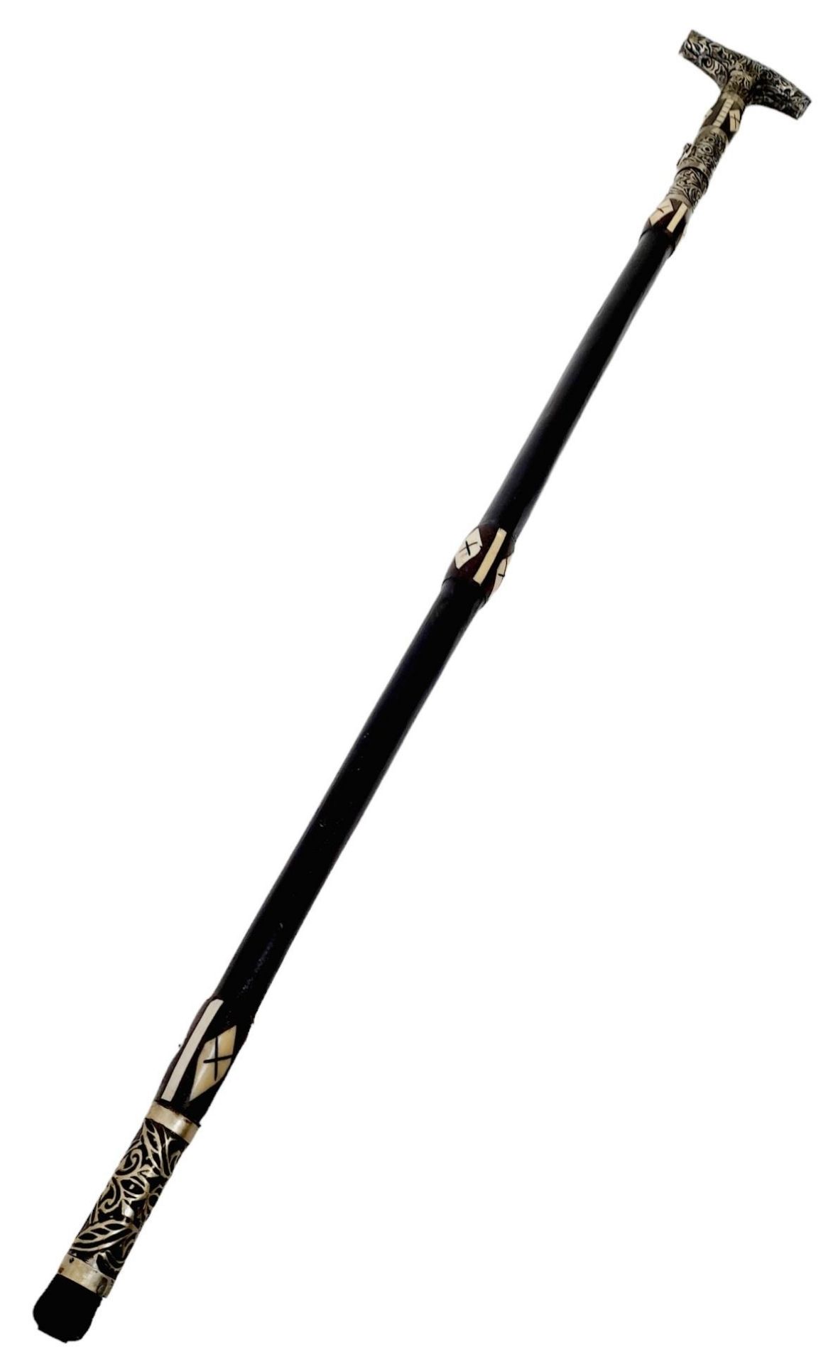 A Very Rare, Unique & Ornate Antique Bone Inlaid Wood and White Metal Sword Stick. 91cm Length. - Image 2 of 5