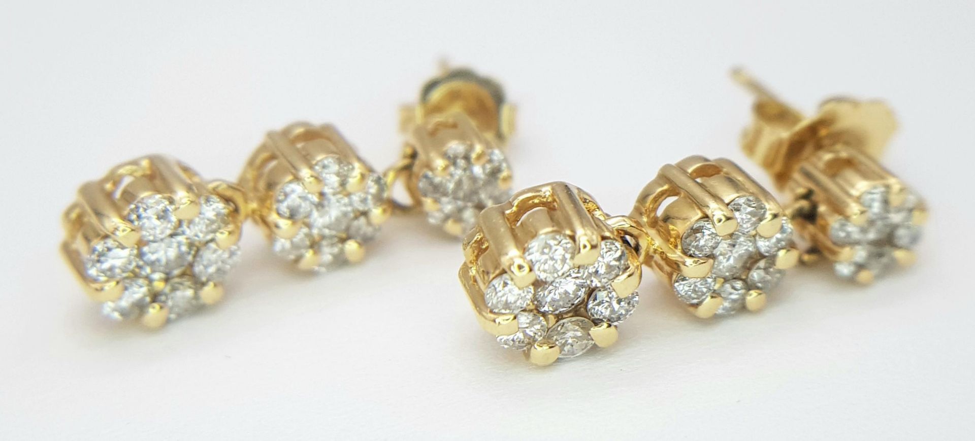A Pair of 14K Yellow Gold and Diamond Drop Earrings. A total of 42 round cut diamonds - 1ctw. H-I in - Image 3 of 8