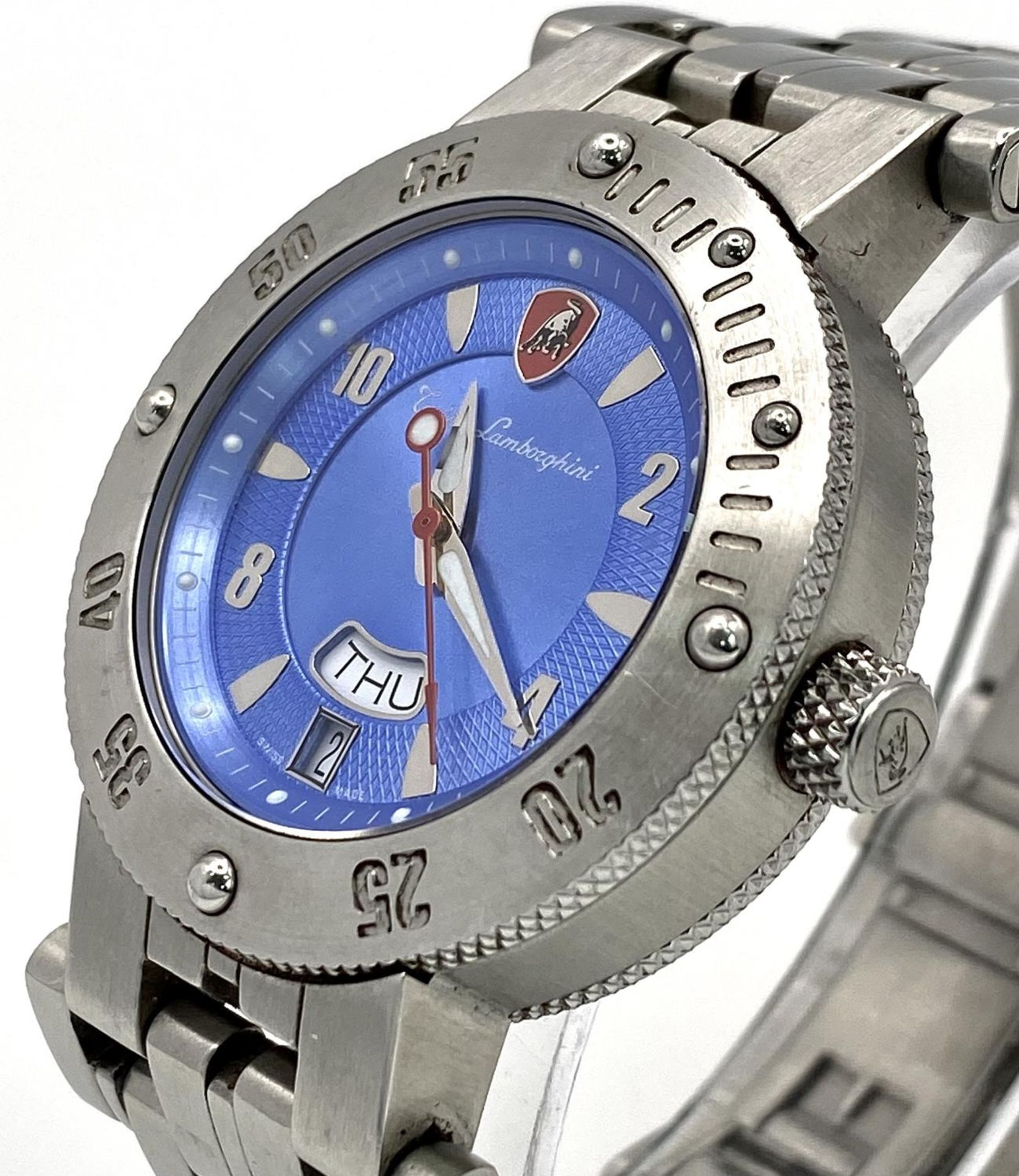 A Lamborghini Automatic Gents Watch. Stainless steel bracelet and case - 38mm. Blue dial with day/ - Bild 4 aus 7