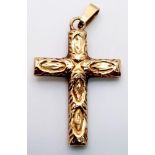 An attractive 9k yellow gold detailed cross pendant, weight 1.1g