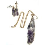 A Yellow metal amethyst geode large wire caged necklace with matching earrings with non-pierced