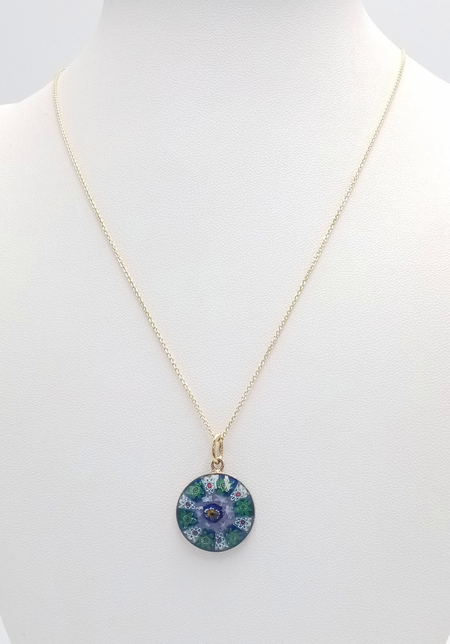 An Excellent Condition, Vintage, Yellow Gold Gilt (On Silver) Italian Millefiori Glass Pendant