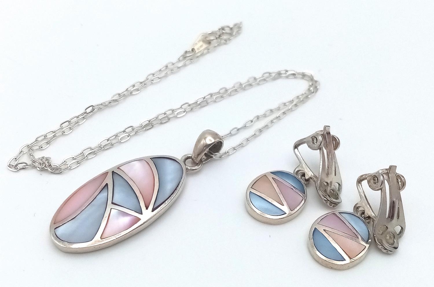 A Vintage Set of Sterling Silver Pink and Blue Nacre (Mother of Pearl) Necklace and Clip on