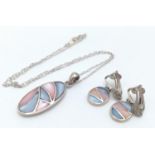 A Vintage Set of Sterling Silver Pink and Blue Nacre (Mother of Pearl) Necklace and Clip on