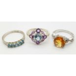 Three 925 Silver Different Style Stone Set Rings. Sizes: N, S and T.