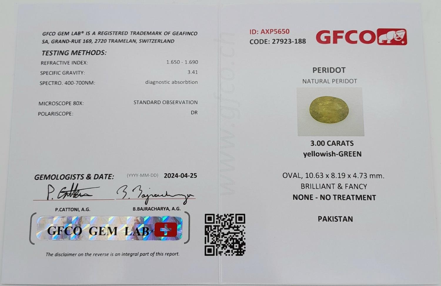 A 3.00ct Pakistan Peridot Gemstone - GFCO Certified. - Image 4 of 4
