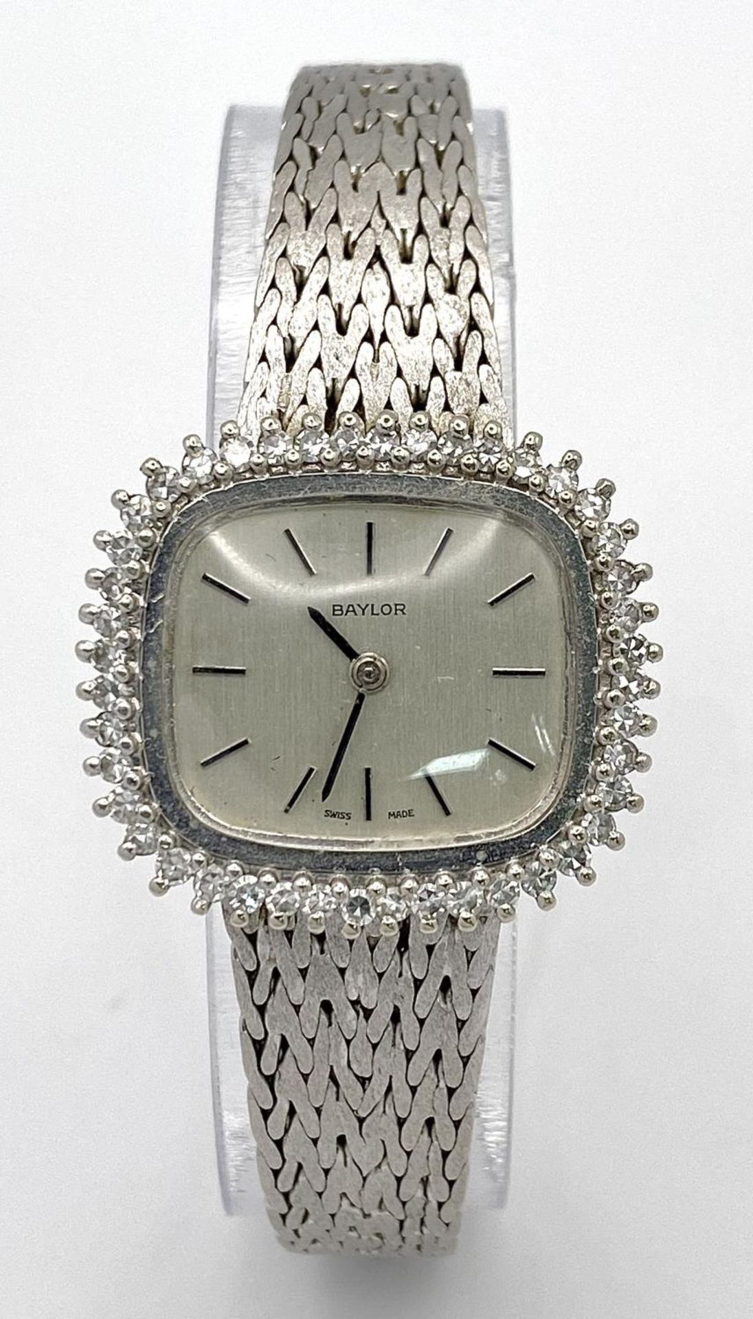 A Vintage Baylor 9K White Gold and Diamond Ladies Watch. 9k gold bracelet and case - 25mm. Diamond - Image 4 of 9