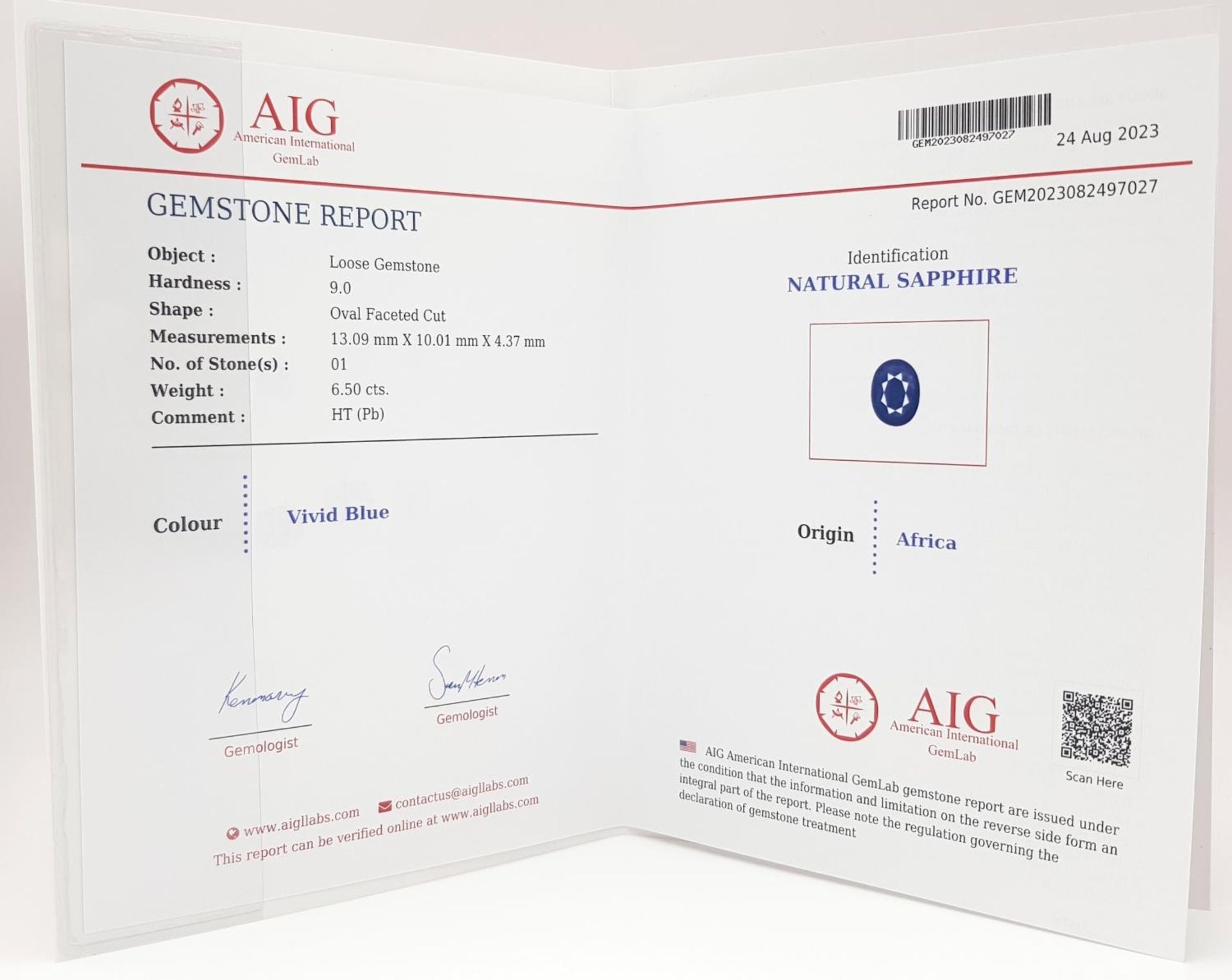 A 6.50ct African Blue Sapphire - AIG Certified. - Image 5 of 5