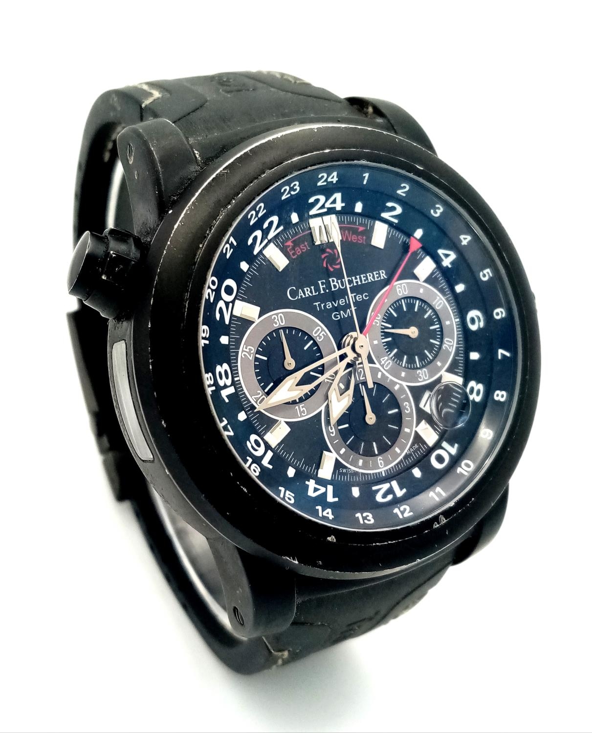 A Carl F. Bucherer Travel Tec GMT Chronograph Automatic Gents Watch. Black vulcanised rubber - Image 3 of 9