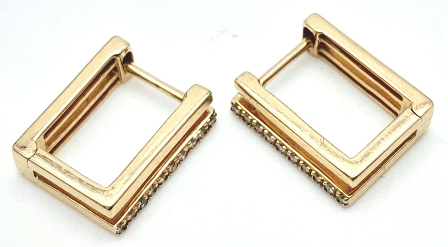 A Pair of 14k Gold and Diamond Massika Designer Rectangular Earrings. 2.2g total weight. - Image 2 of 7