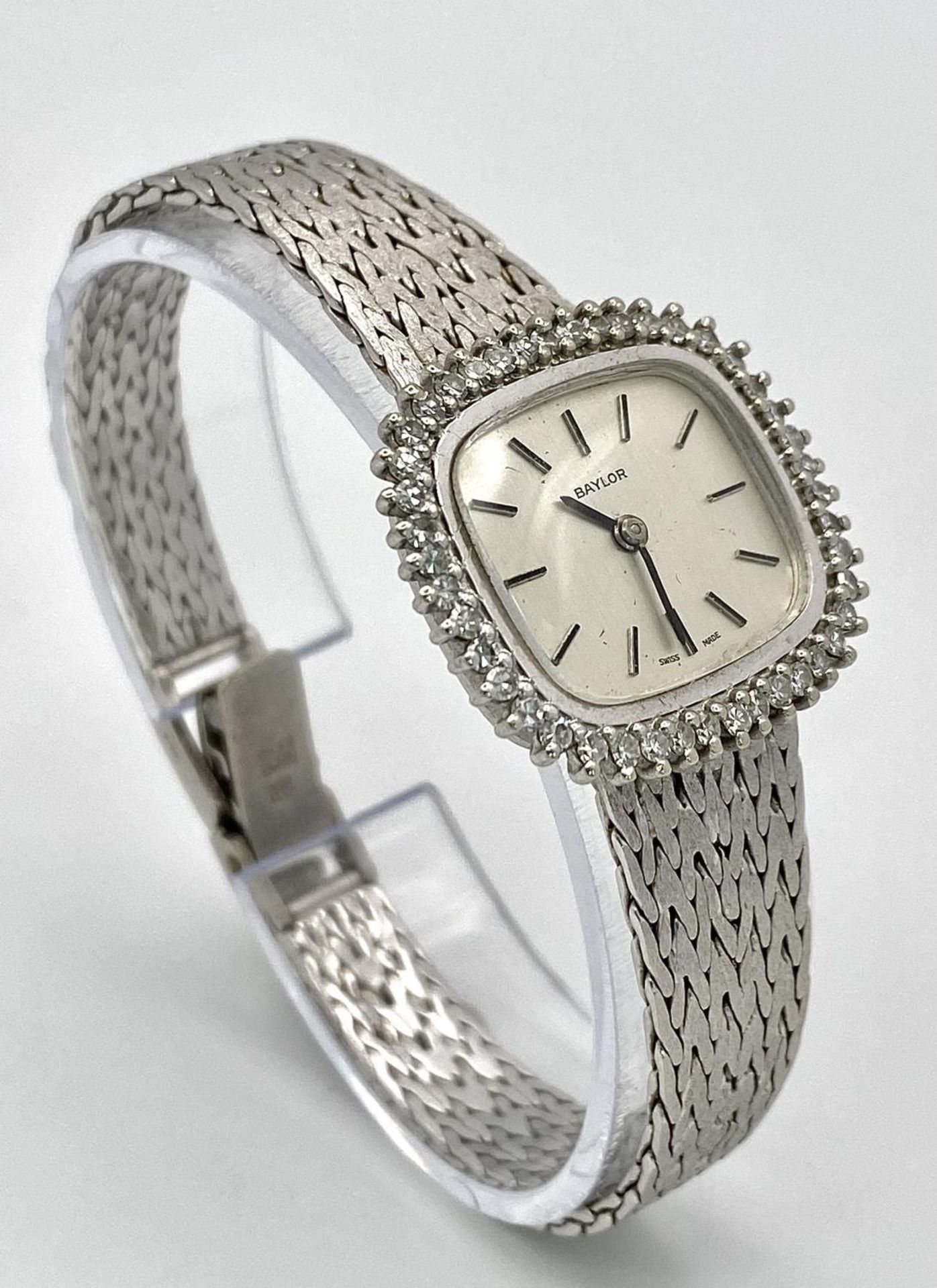 A Vintage Baylor 9K White Gold and Diamond Ladies Watch. 9k gold bracelet and case - 25mm. Diamond - Image 2 of 9